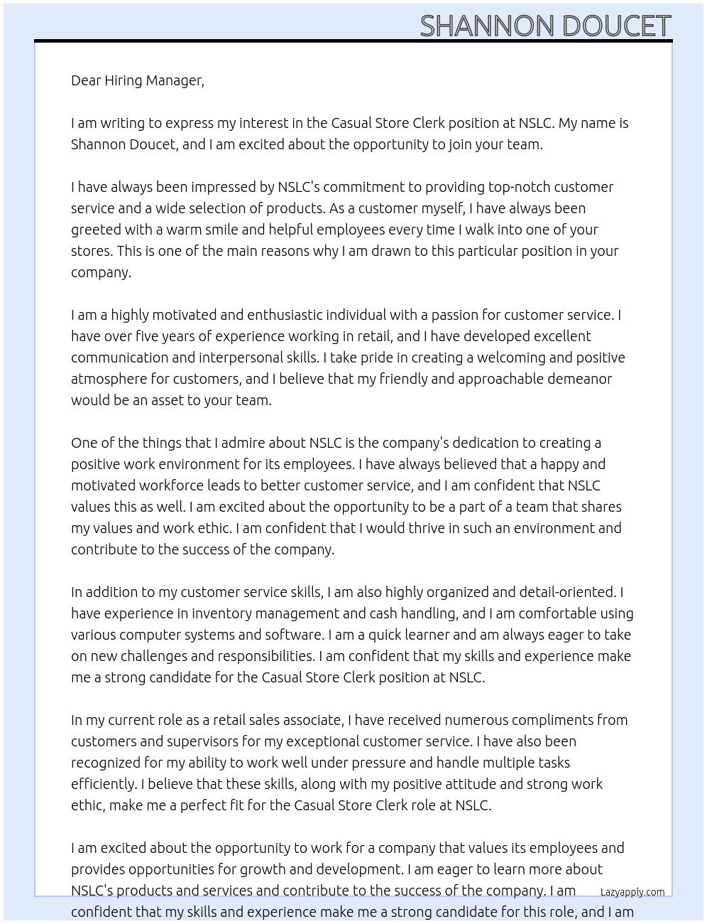 Casual store clerk At NSLC Cover Letter