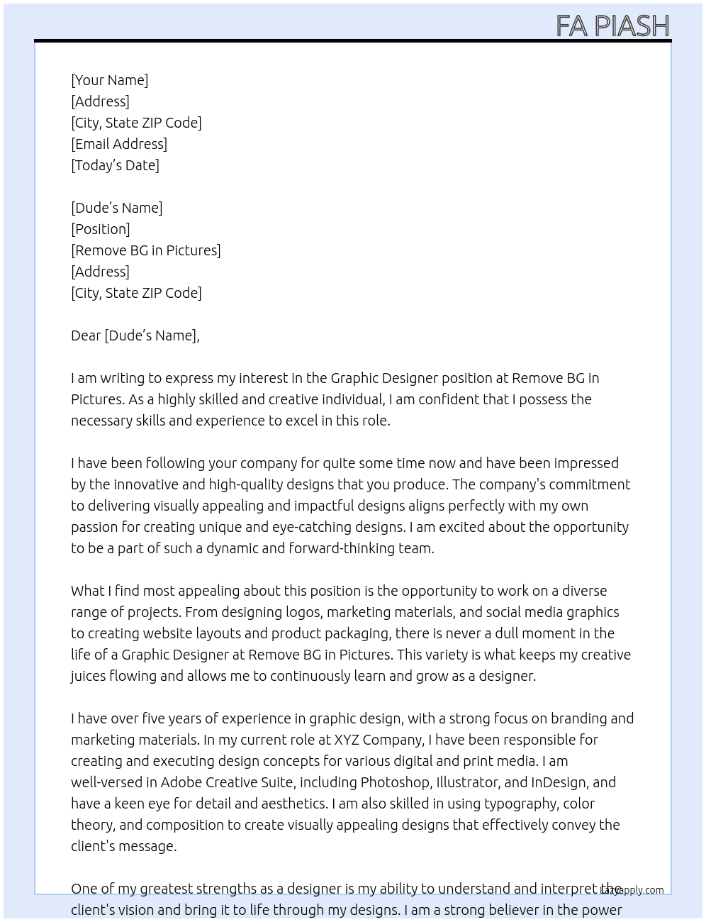 Graphic Designer At Remove BG in pictures Cover Letter