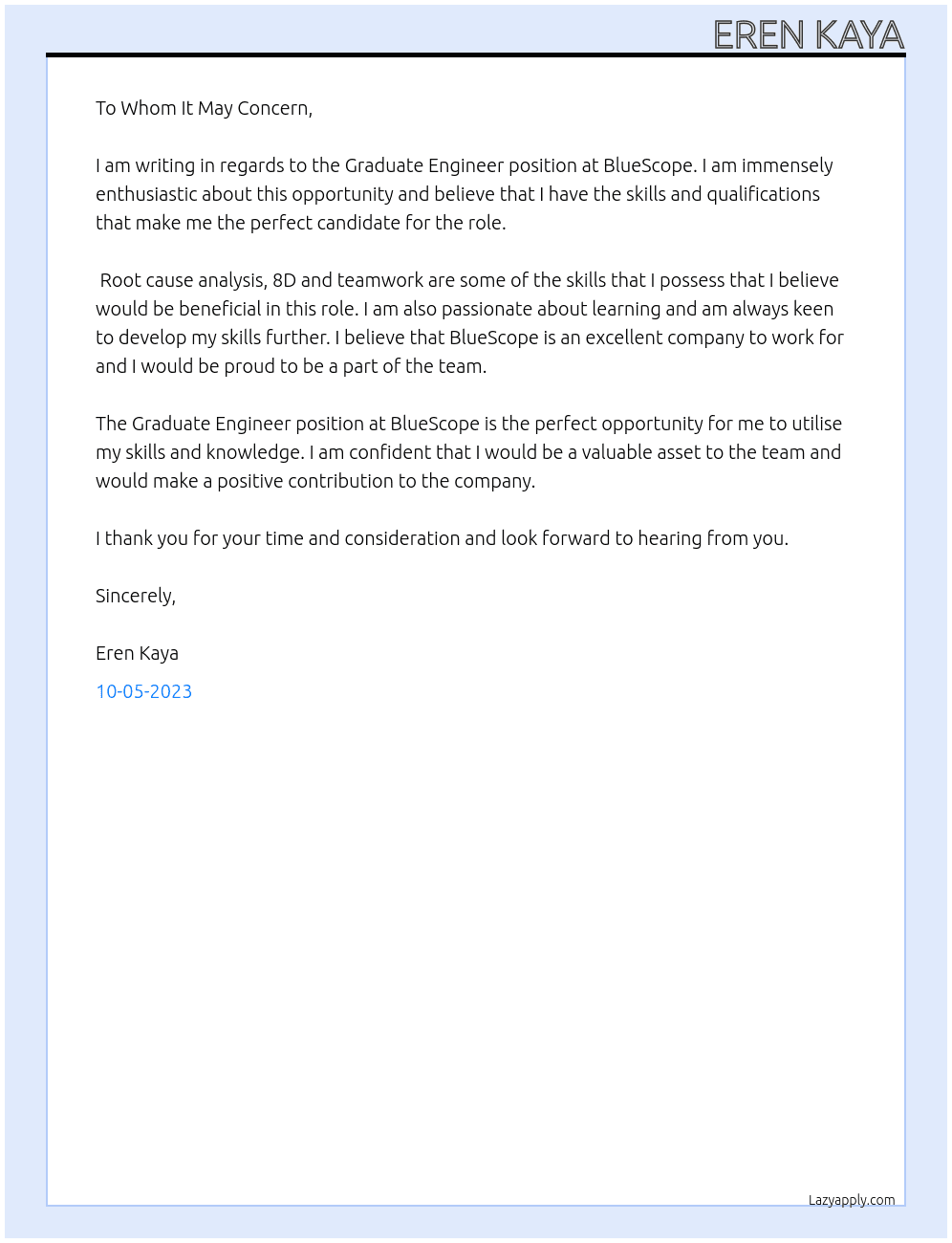 Graduate Engineer At BlueScope Cover Letter