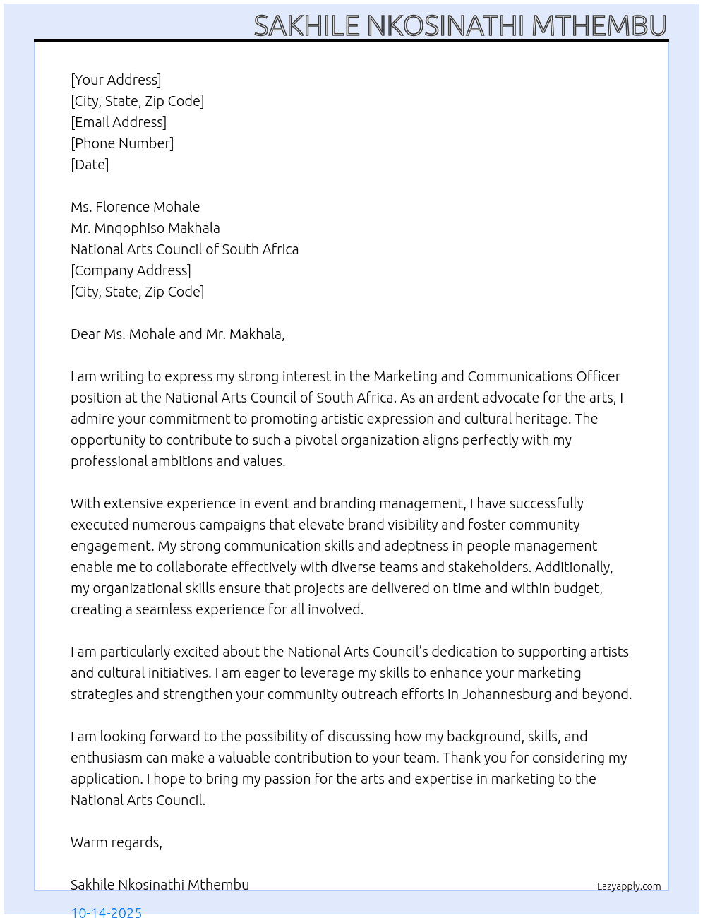Marketing and Communications Officer At National Arts Council of South Africa Cover Letter
