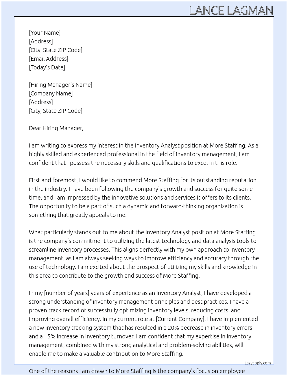Inventory Analyst At More Staffing Cover Letter