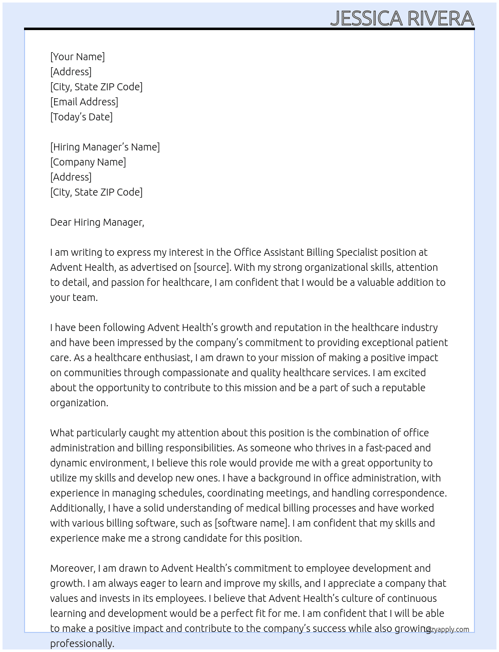 Office Assistant Billing Specialist At Advent Health Cover Letter