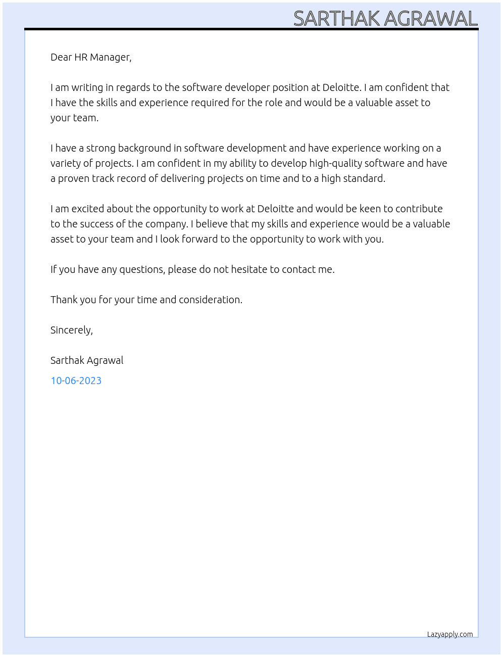 software developer At delloitte Cover Letter