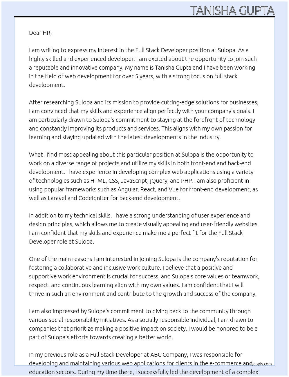 Full stack developer At Sulopa Cover Letter