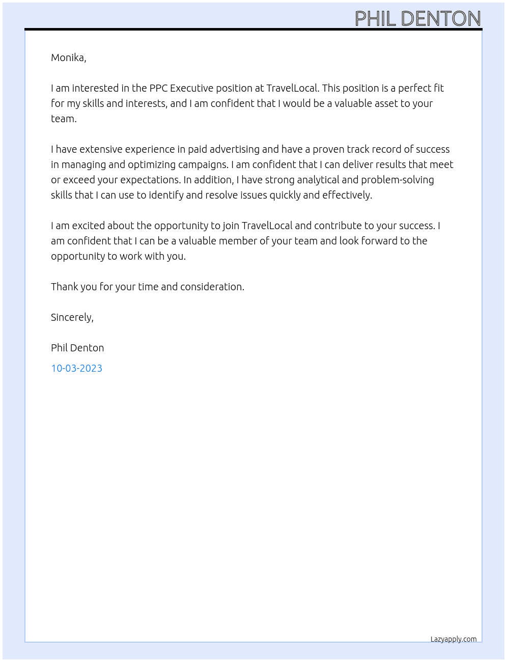 PPC Executive At TravelLocal Cover Letter