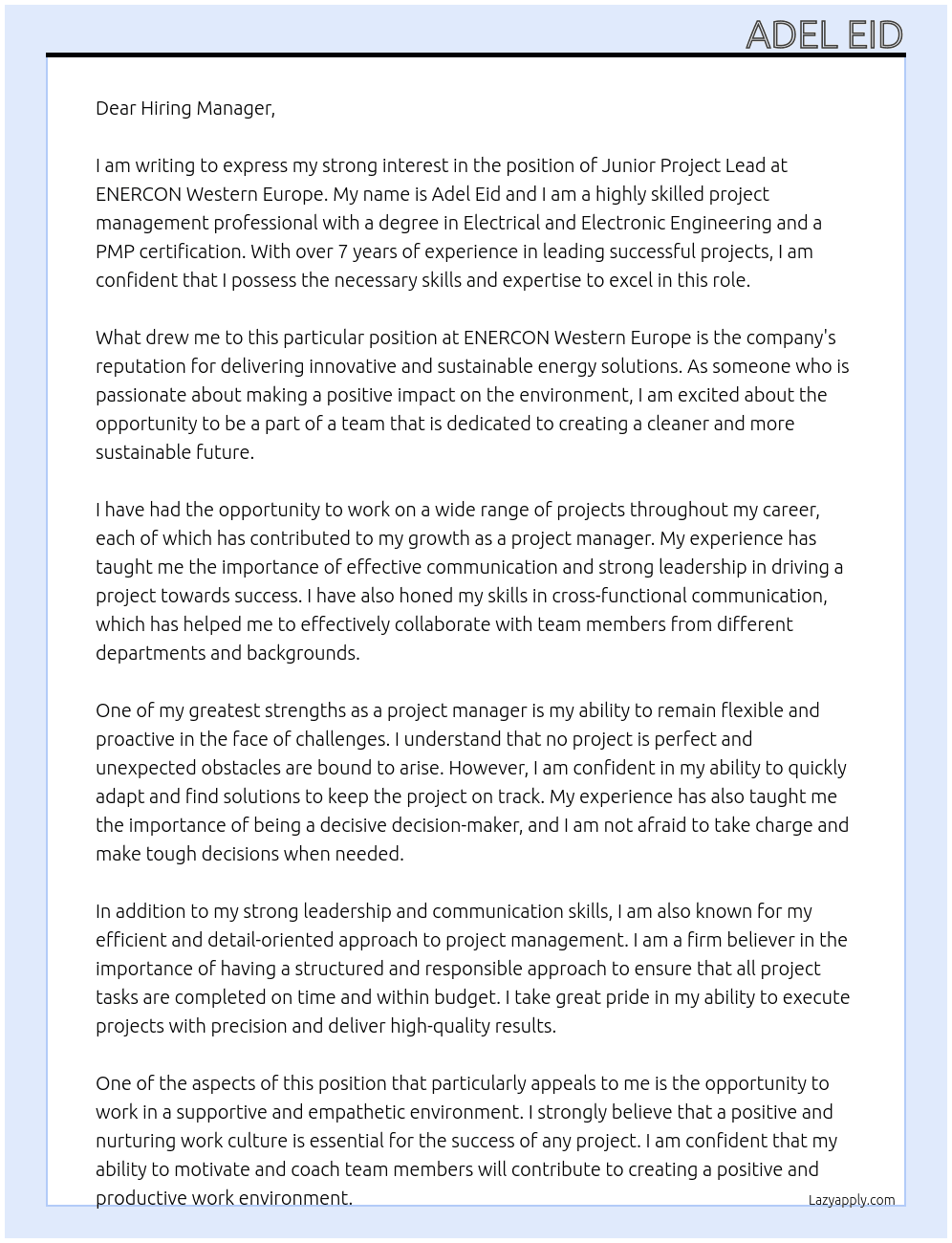 Junior Project Lead At ENERCON Western Europe Cover Letter