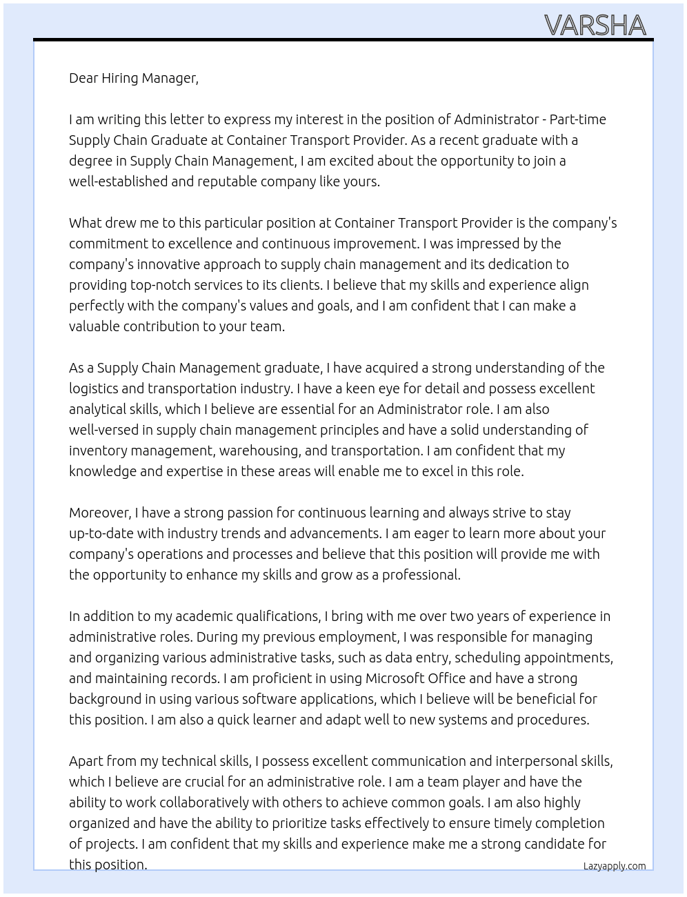 administrator - part-time supply chain graduate At Container transport provider Cover Letter