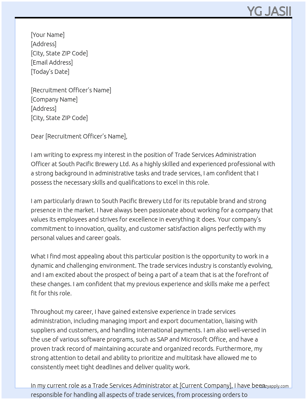 TRADE SERVICES ADMINISTRATION OFFICER At South Pacific Brewery Ltd Cover Letter