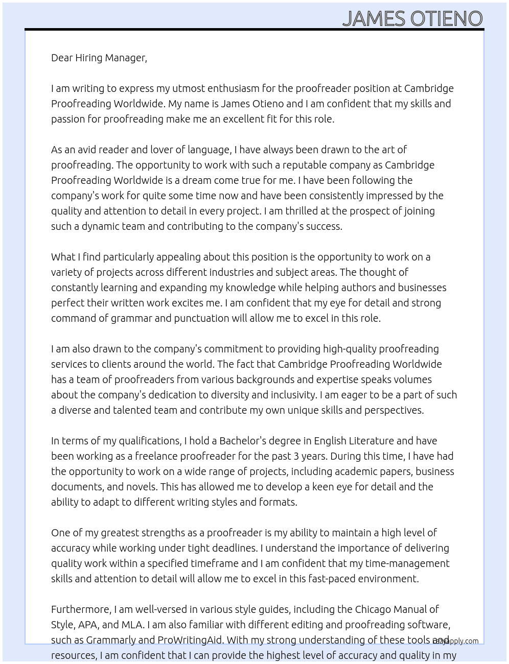 proofreader At Cambridge Proofreading Worldwide Cover Letter