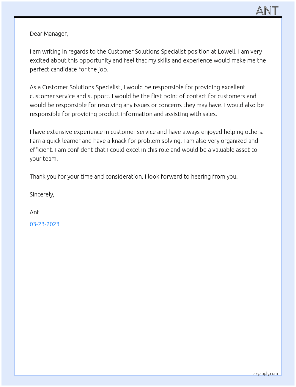 Customer solutions specialist  At Lowell Cover Letter