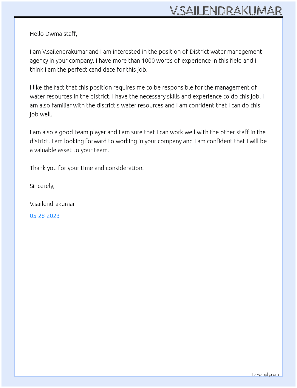 District water management agency At Singanamala Cover Letter