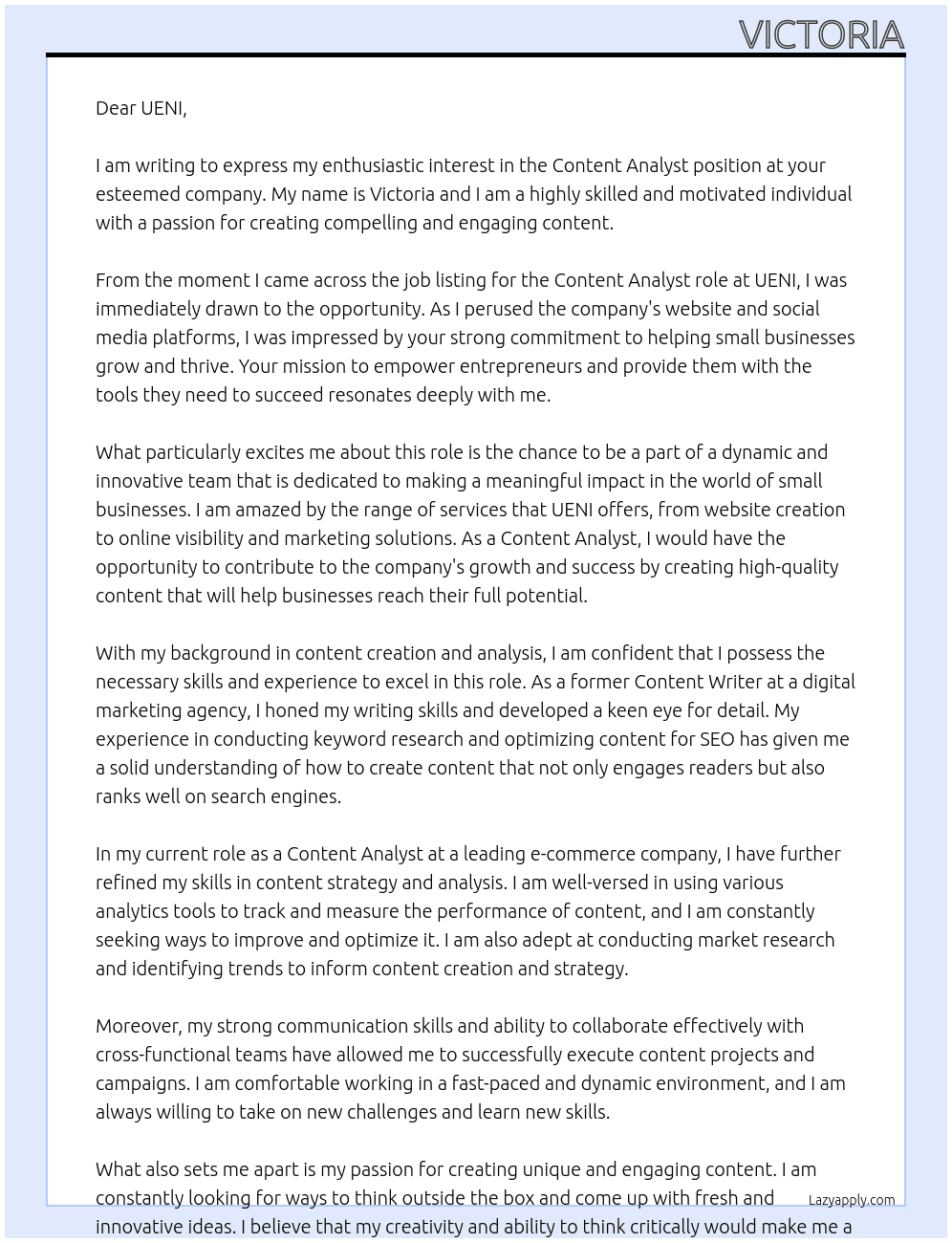 Content Analyst At UENI Cover Letter