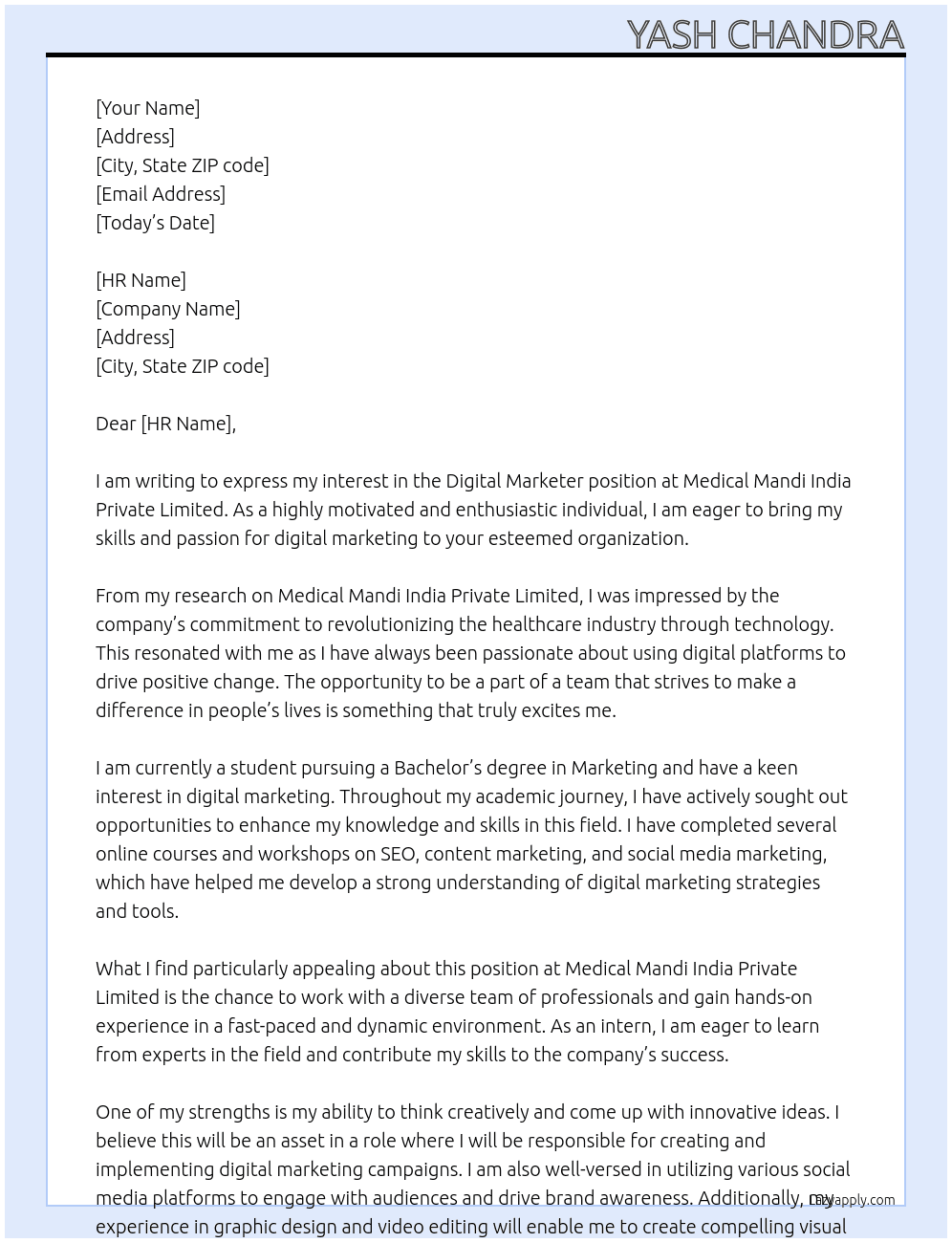 Digital Marketer At Medical Mandi India Private Limited Cover Letter