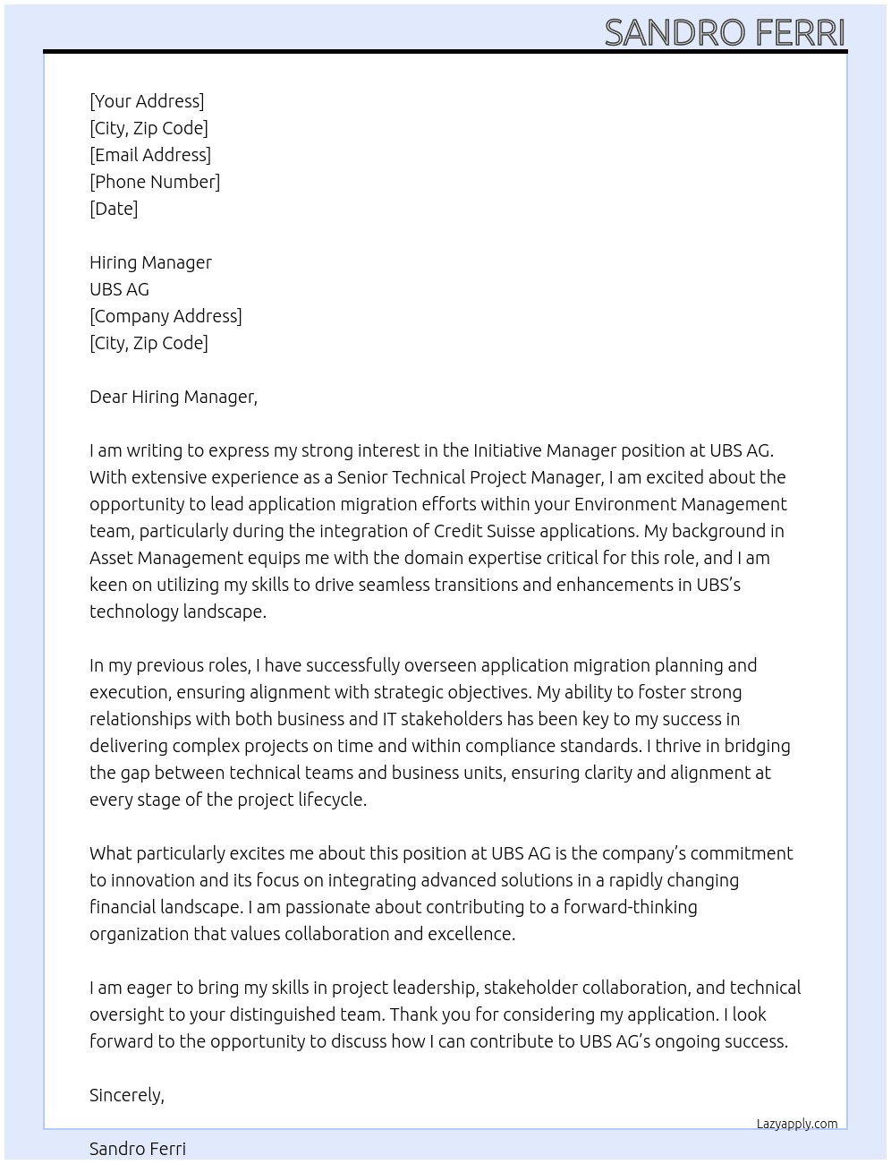 Initiative Manager At UBS AG Cover Letter
