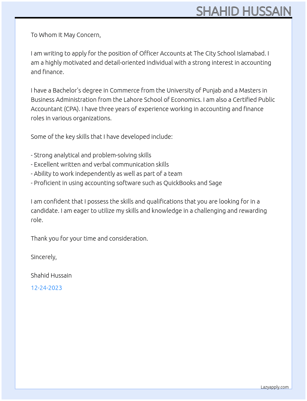 Officer Accounts At The City School Islamabad Cover Letter