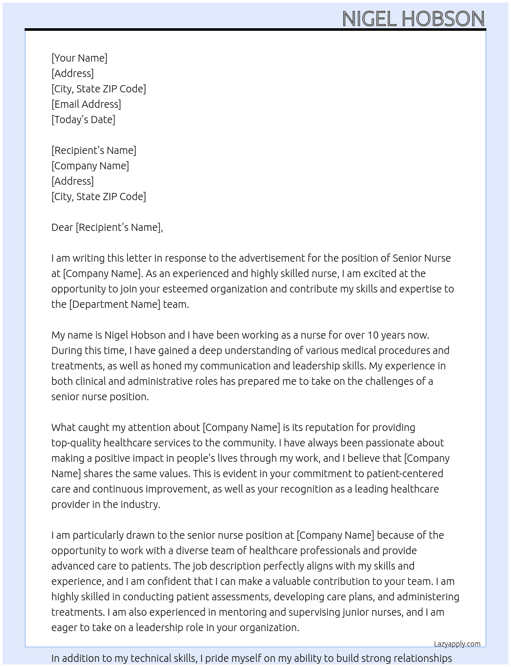 senior nurse At sdafdsfddfsd Cover Letter