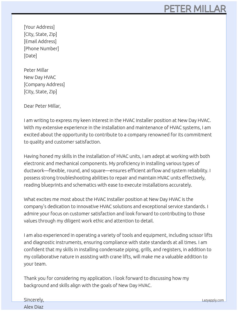 HVAC Installer  At New Day HVAC Cover Letter