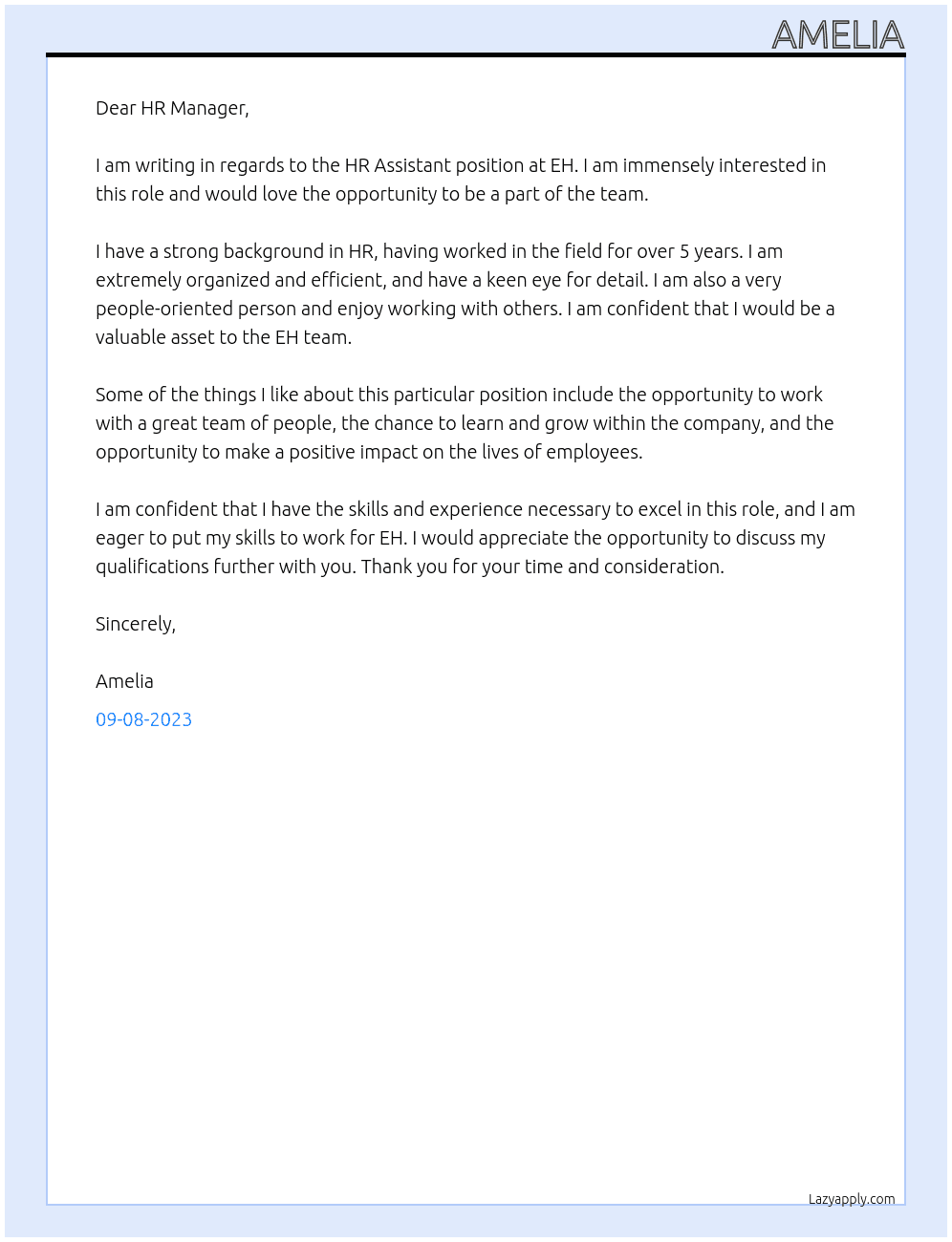 HR Assistant At EH Cover Letter