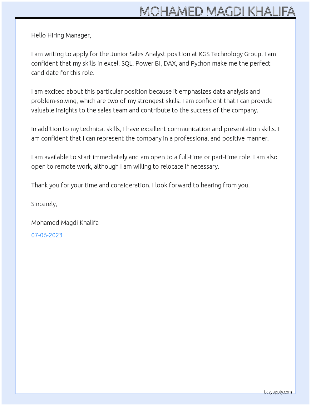Junior Sales Analyst At KGS Technology Group Cover Letter