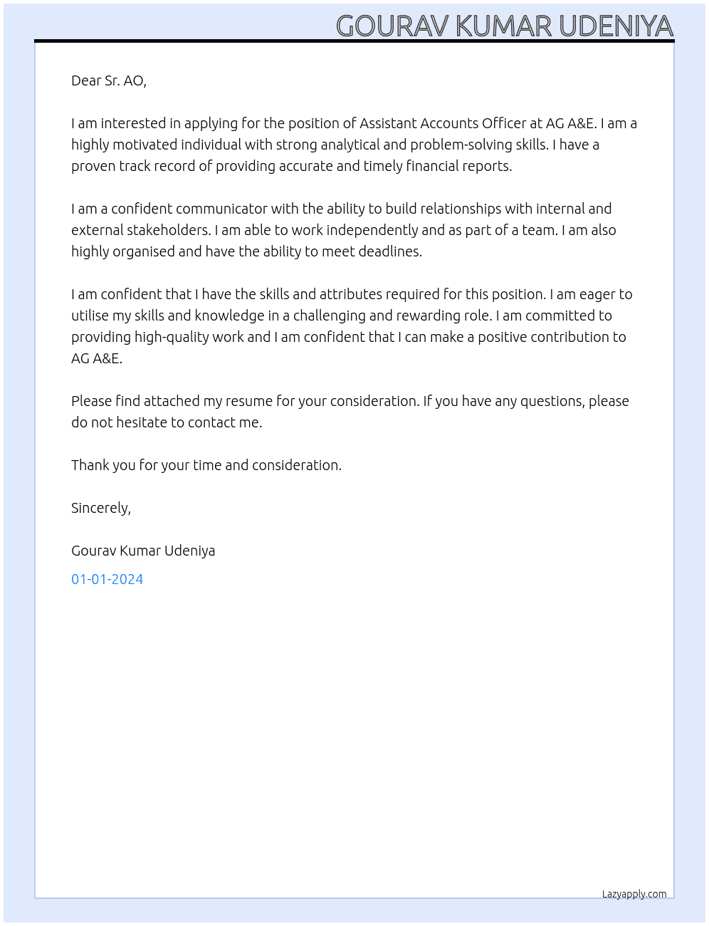 Assistant Accounts Officer At AG A&E Cover Letter
