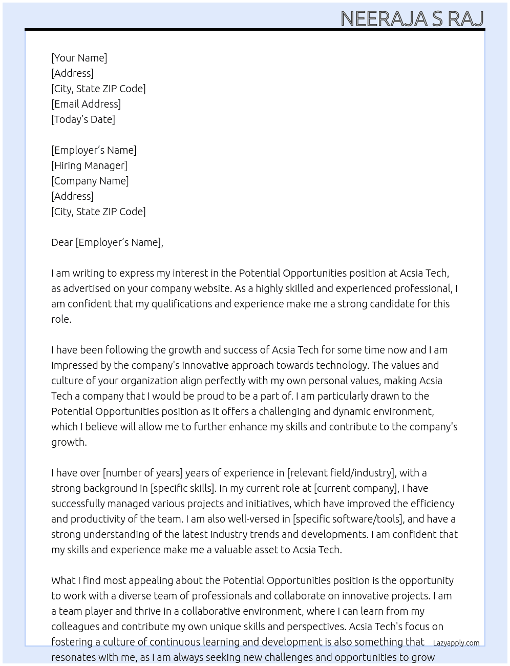 Potential Opportunities  At Acsia Tech Cover Letter