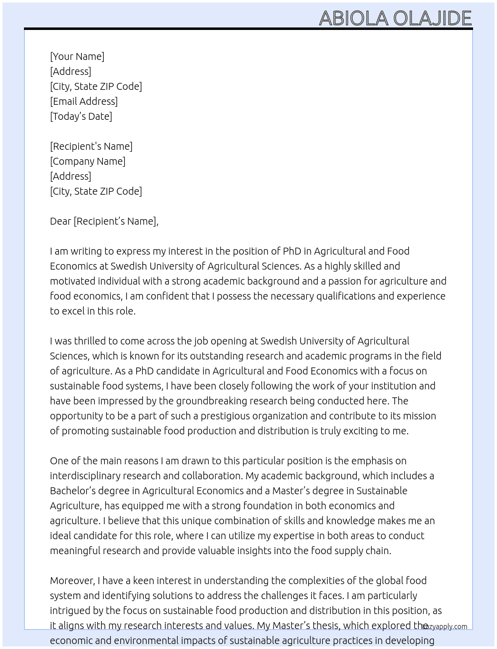 PhD in Agricultural and Food Economics At Swedish University of Agricultural Sciences Cover Letter