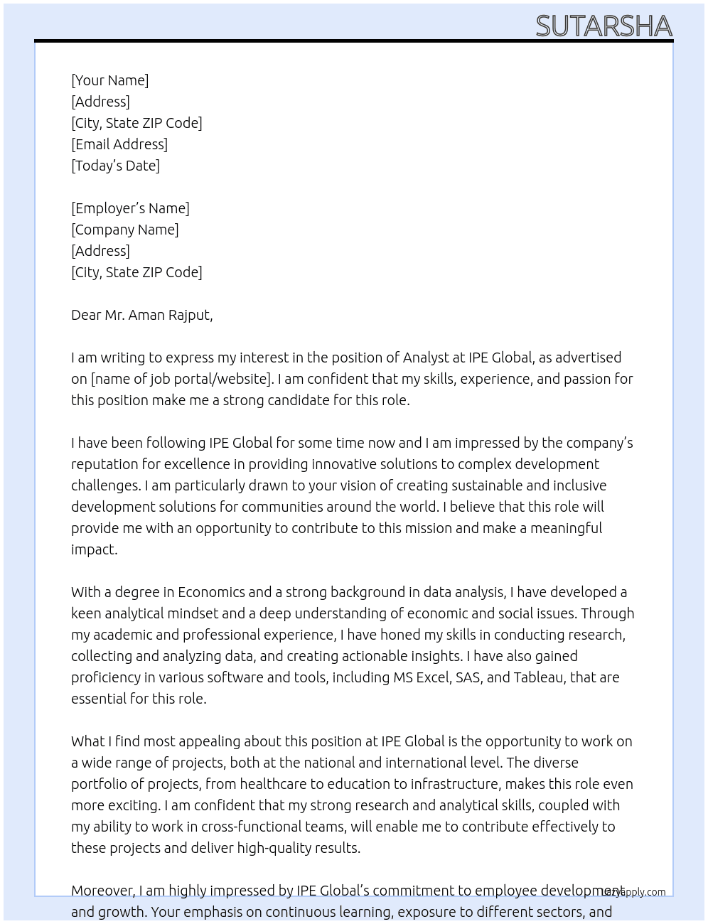 Analyst At IPE Global  Cover Letter