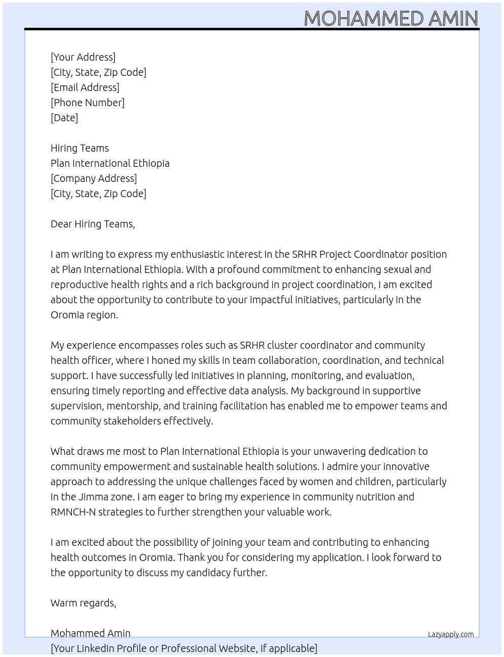 SRHR project coordinator  At Plan international Ethiopia  Cover Letter