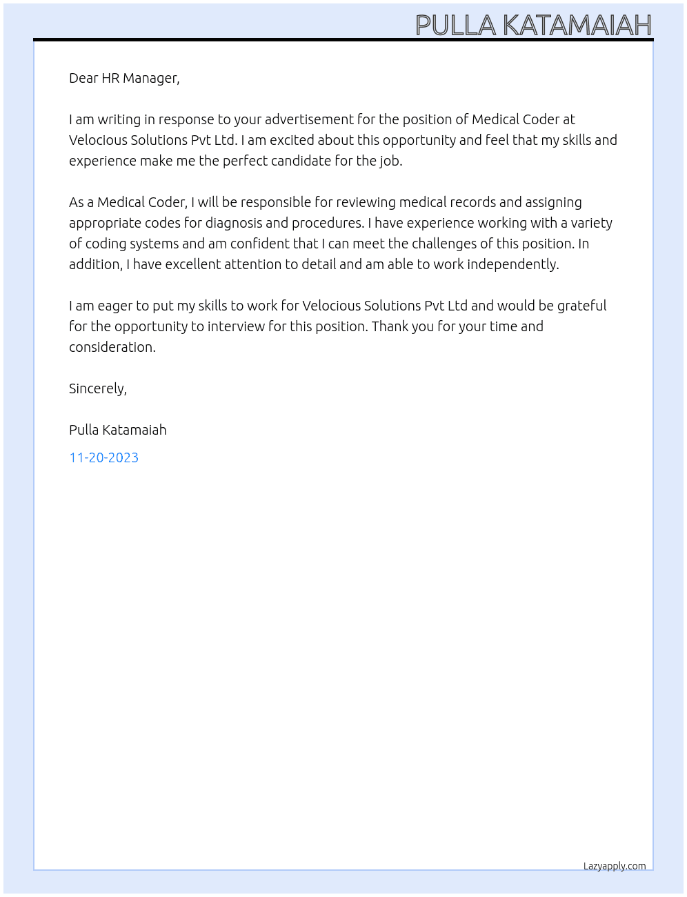 Medical codeing  At Velocious solutions  Pvt Ltd  Cover Letter