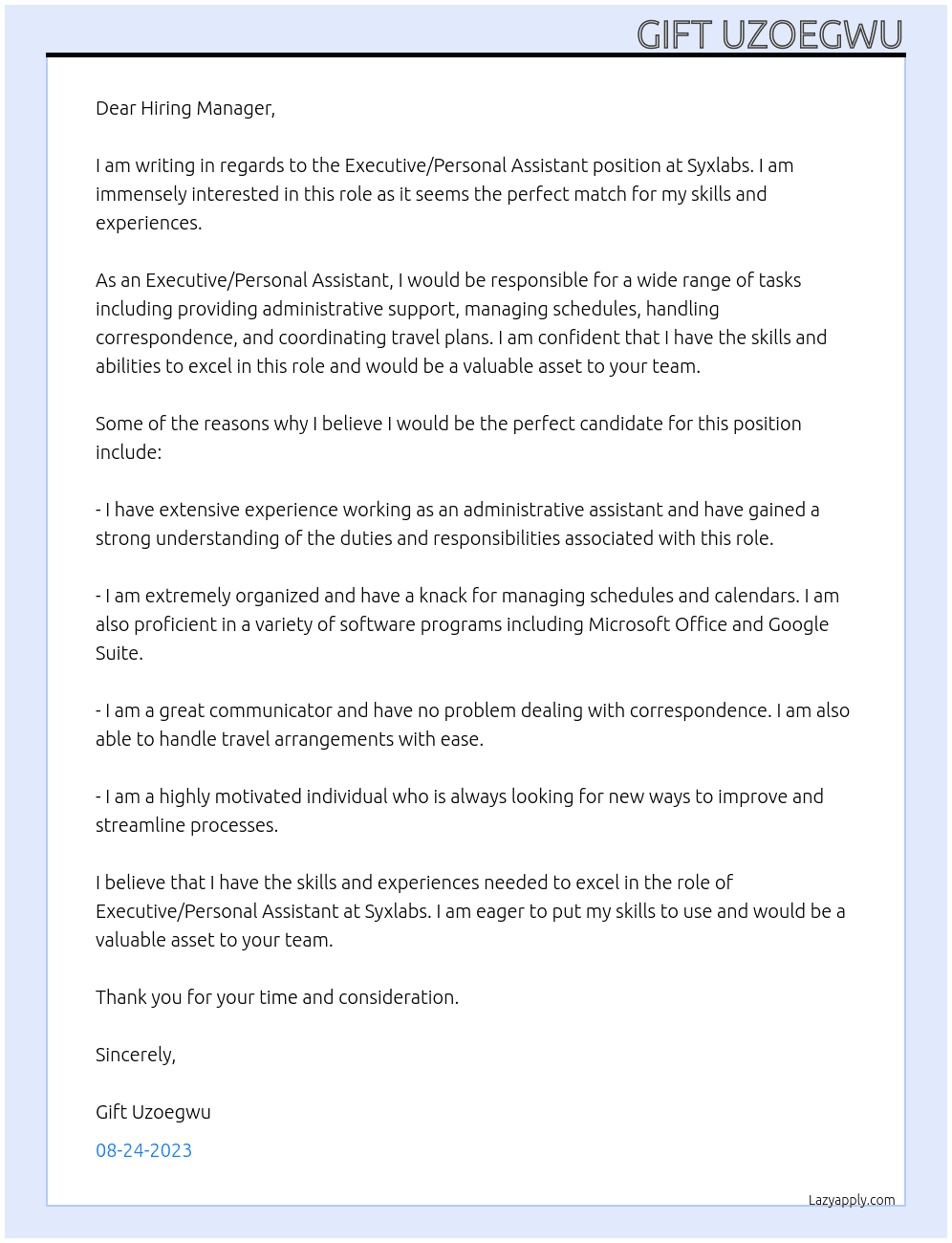 Executive/ Personal Assistant  At Syxlabs  Cover Letter