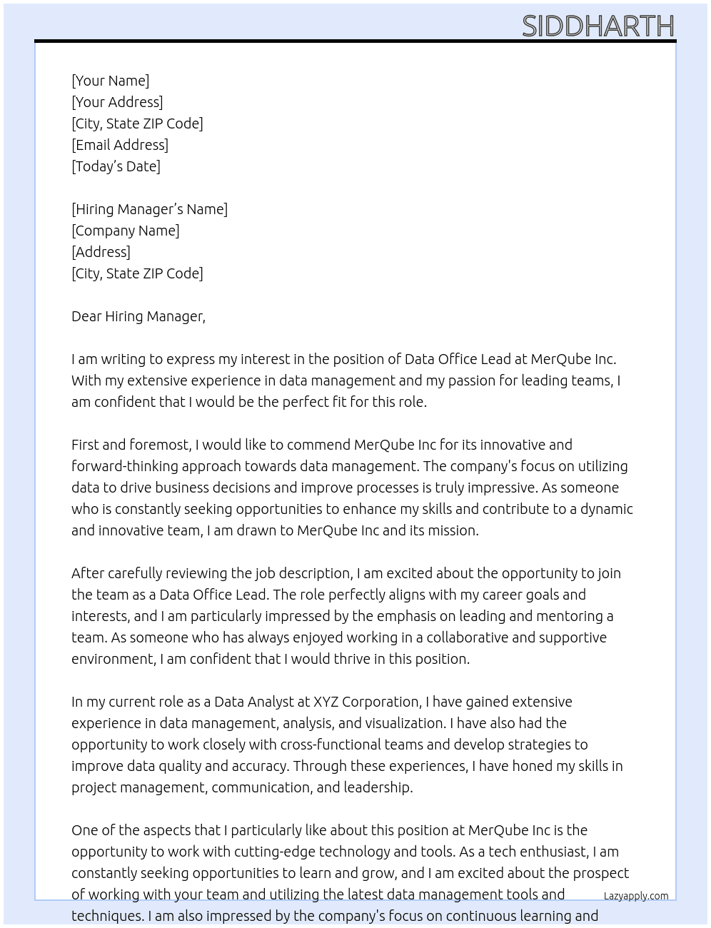 Data Office Lead At MerQube Inc Cover Letter