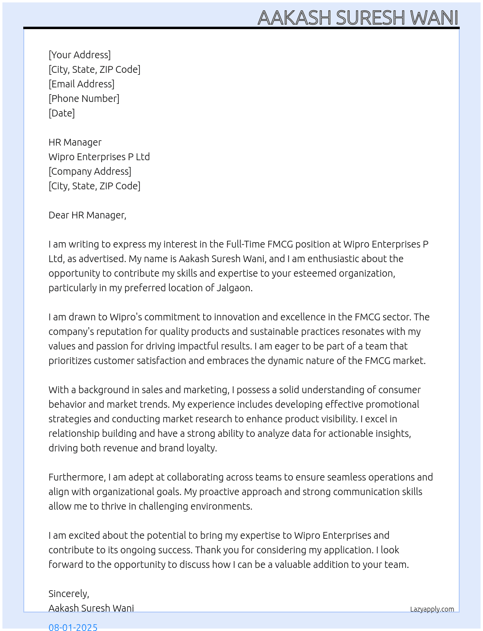 Fmcg  At Wipro enterprises p Ltd  Cover Letter