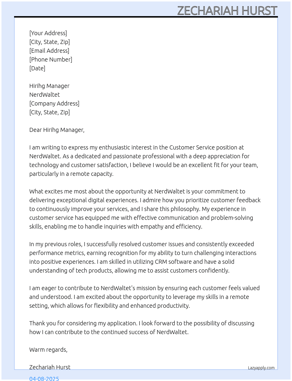 Customer service At NerdWaltet Cover Letter