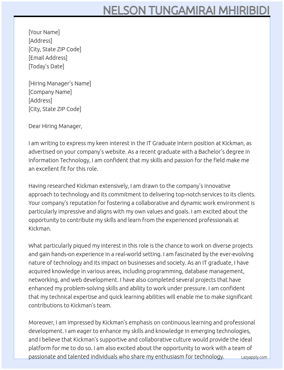 IT graduate intern At kickman Cover Letter