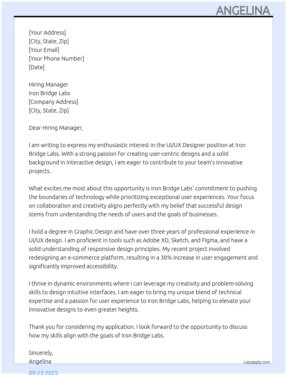 UI/UX  At Iron Bridge labs  Cover Letter