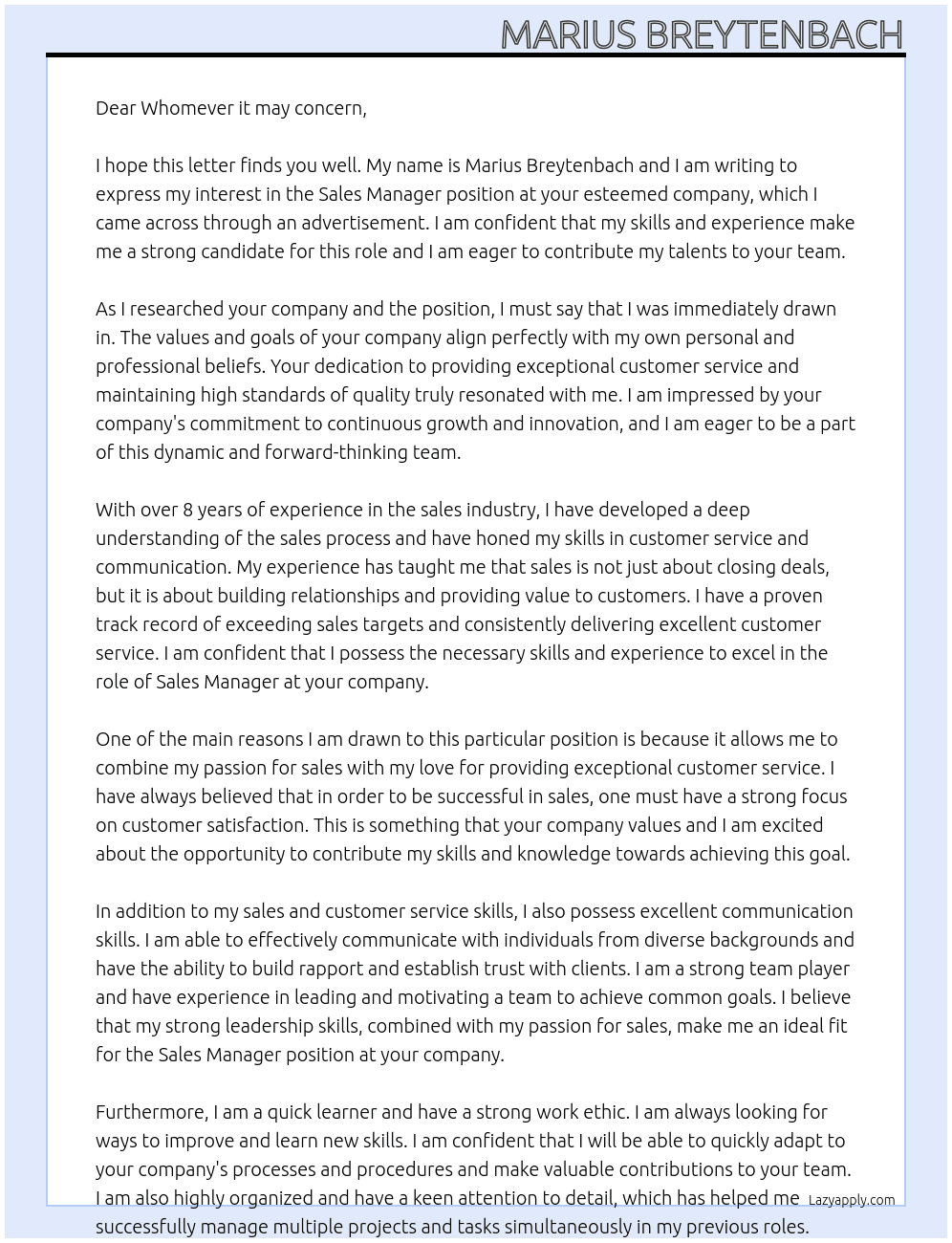 Sales Manager  At Advertised position Cover Letter