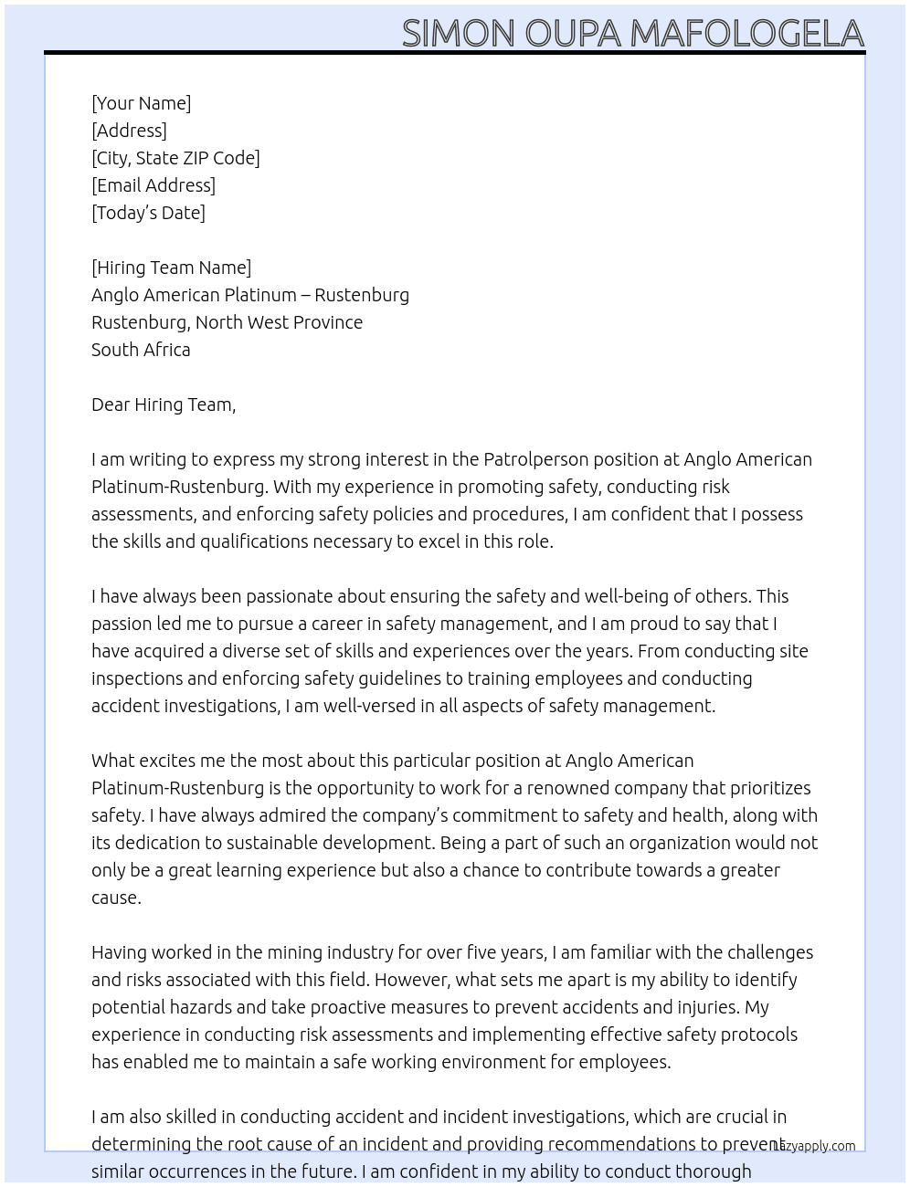 Patrolperson At Anglo American Platinum - Rustenburg Cover Letter