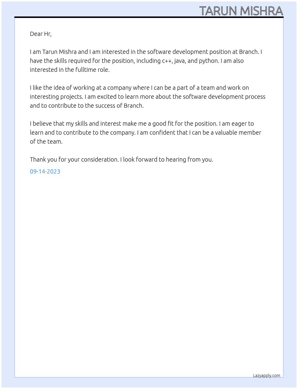 software development  At Branch Cover Letter