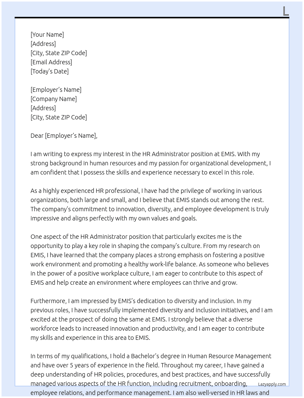HR Administartor At EMIS Cover Letter