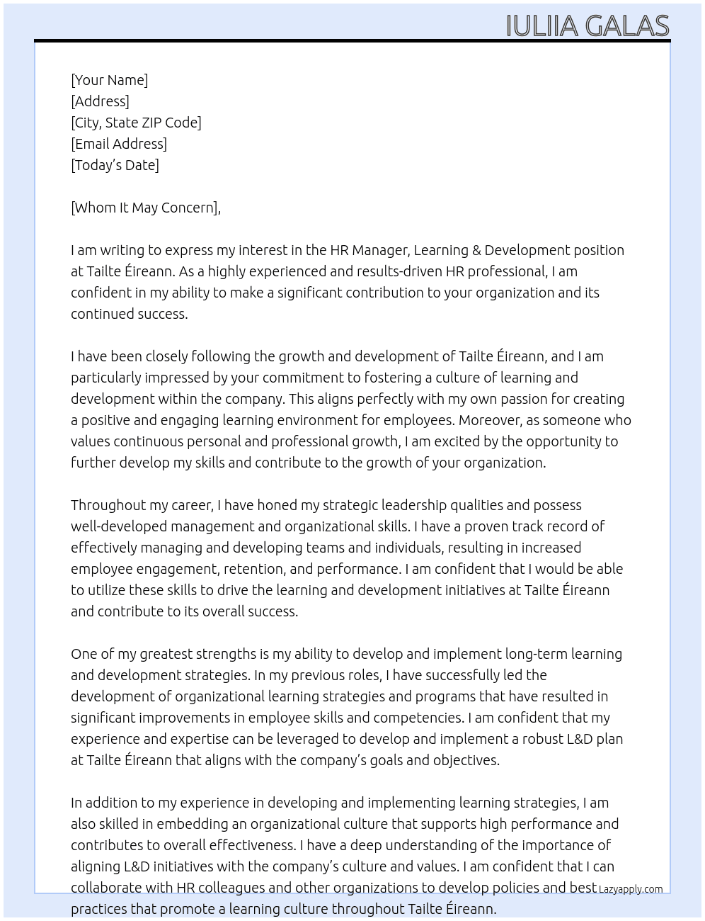 HR Manager, Learning & Development At Tailte Éireann  Cover Letter