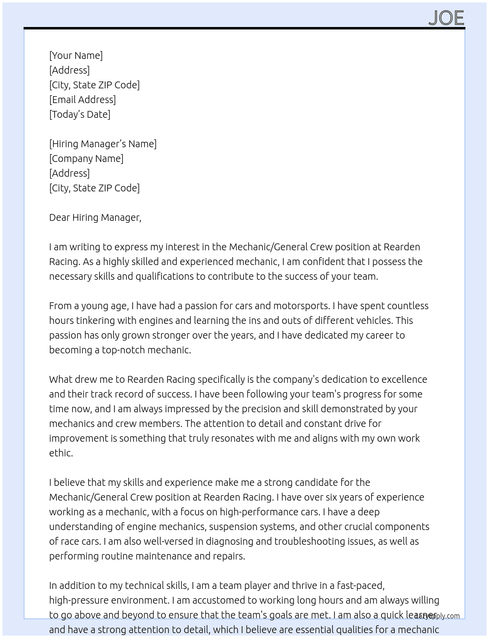Cover letter for mechanic/general crew - LazyApply