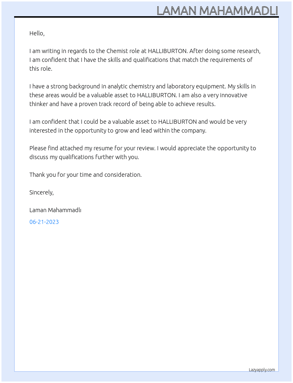 Chemistry At HALLIBURTON Cover Letter