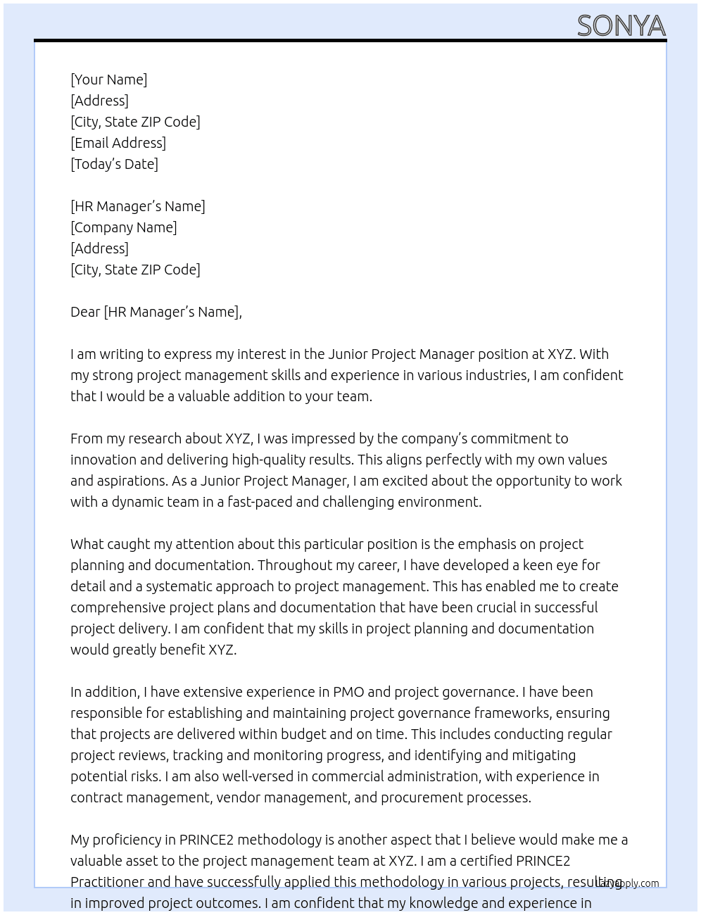 Junior Project Manager At XYZ Cover Letter