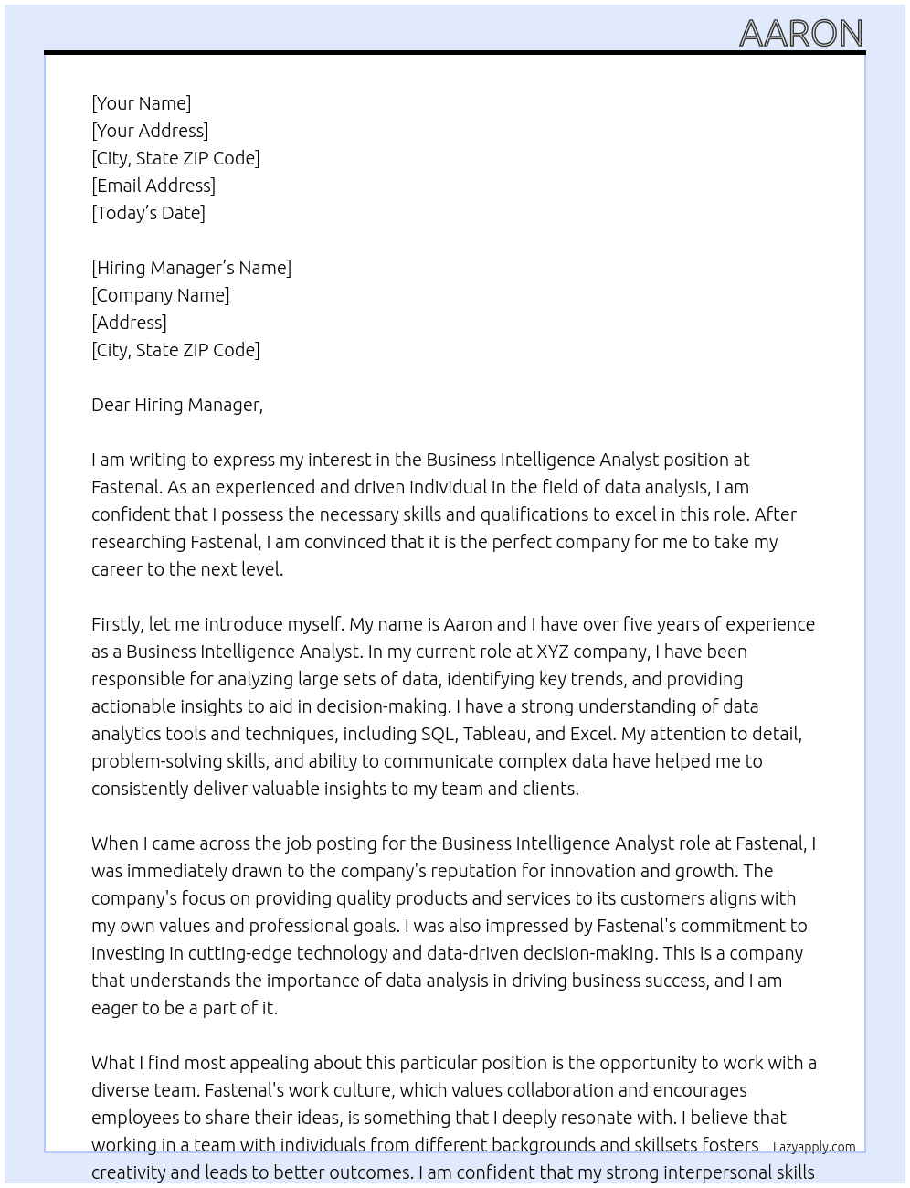 Business Intelligence Analyst At Fastenal Cover Letter