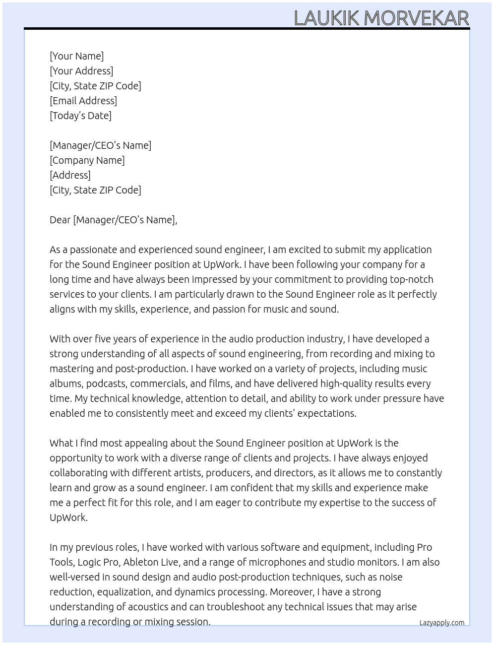Sound engineer At UpWork Cover Letter