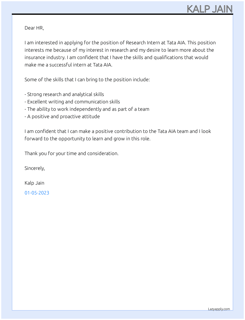 Research Intern At Tata AIA Cover Letter