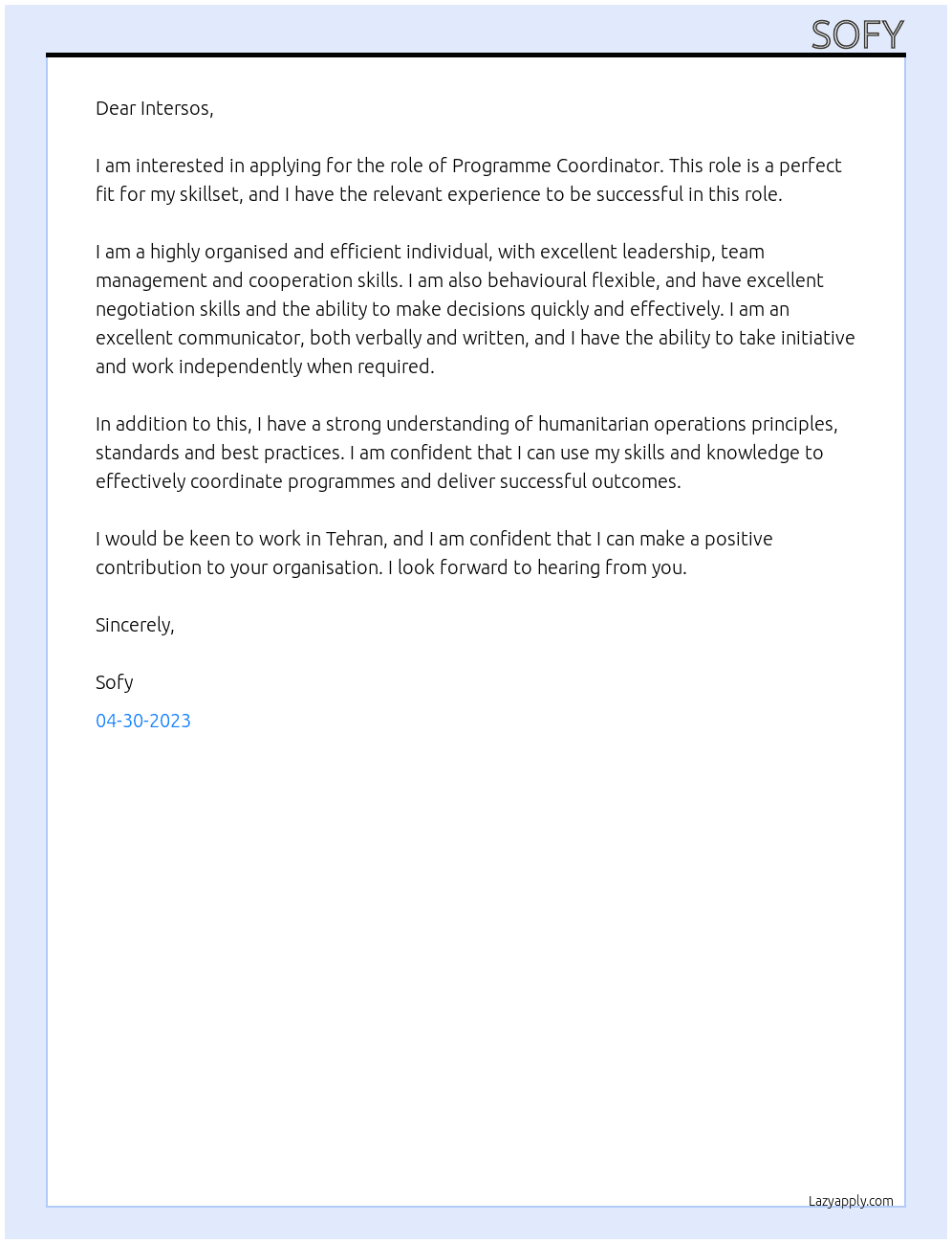 Programme Coordinator At intersos Cover Letter