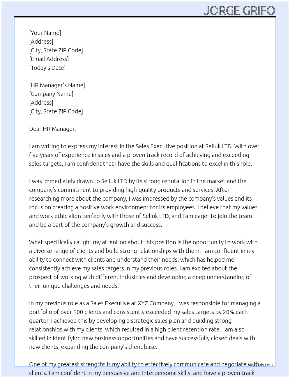 Sales Executive At Seliuk LTD Cover Letter
