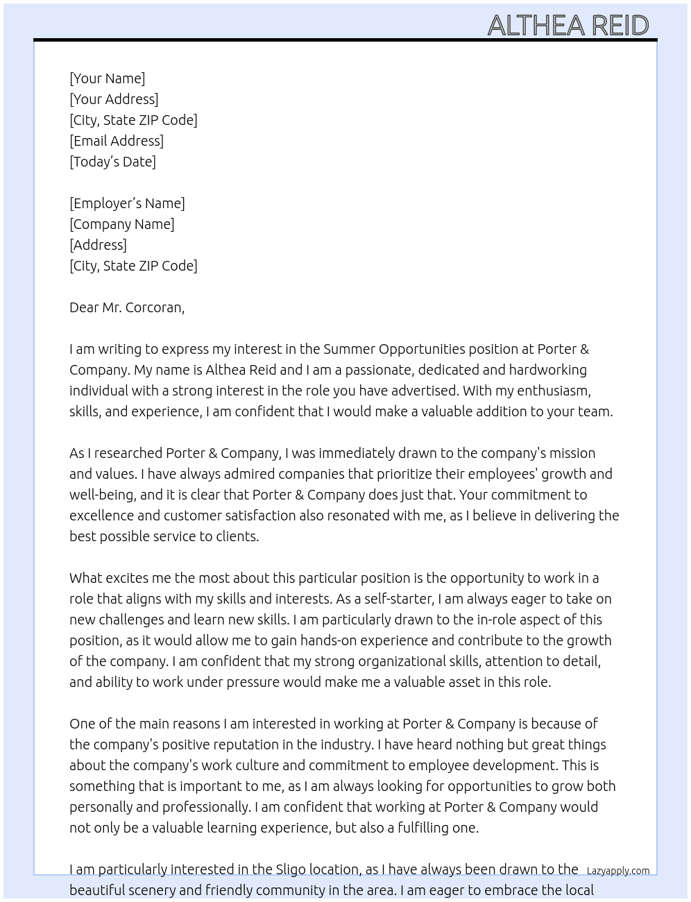 Summer opportunities  At Porter & Compny Cover Letter