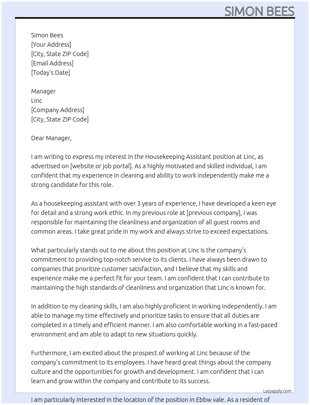 House keeping assitant At Linc Cover Letter